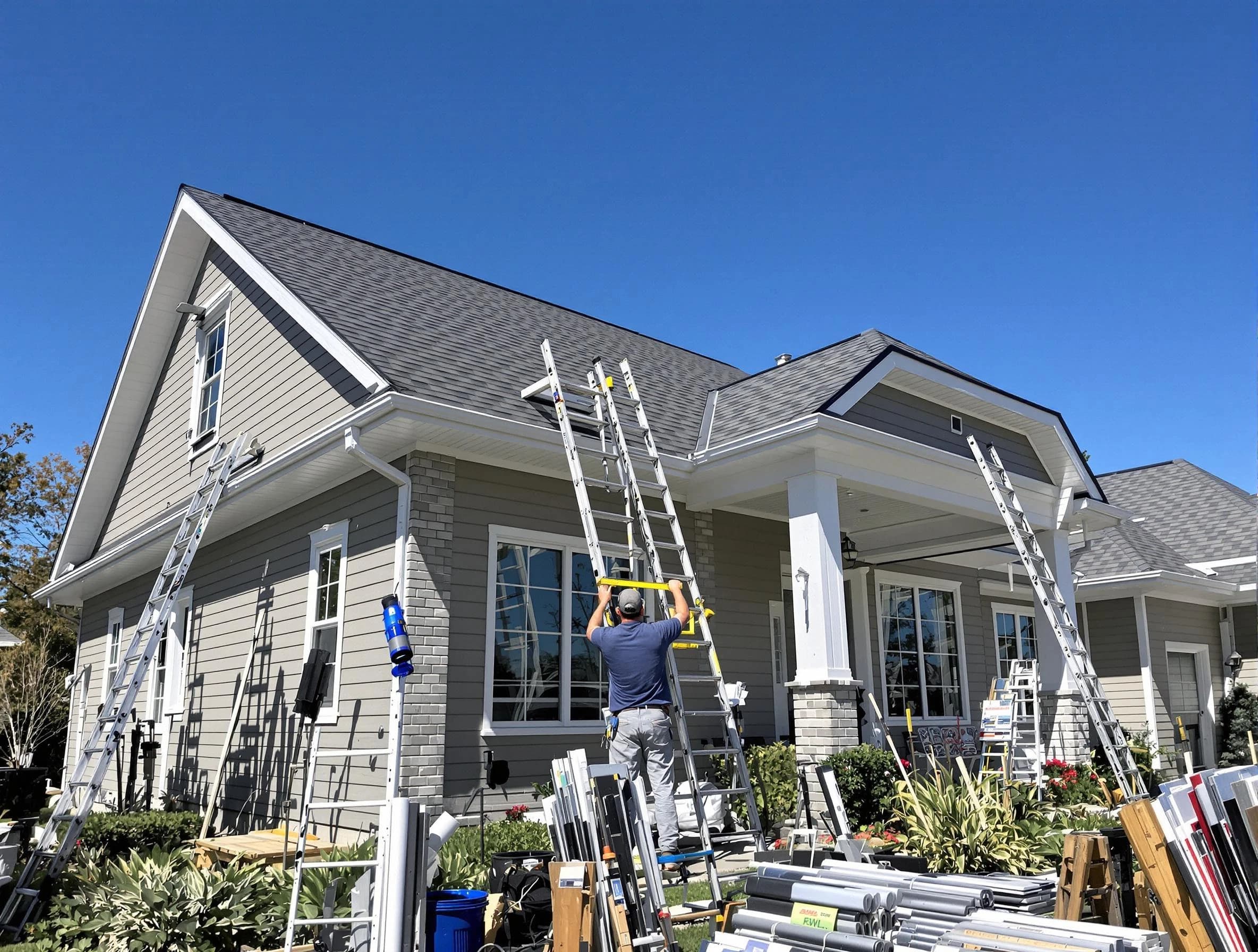 Tallmadge Roofing Company fitting rain gutters at a home in Tallmadge, OH